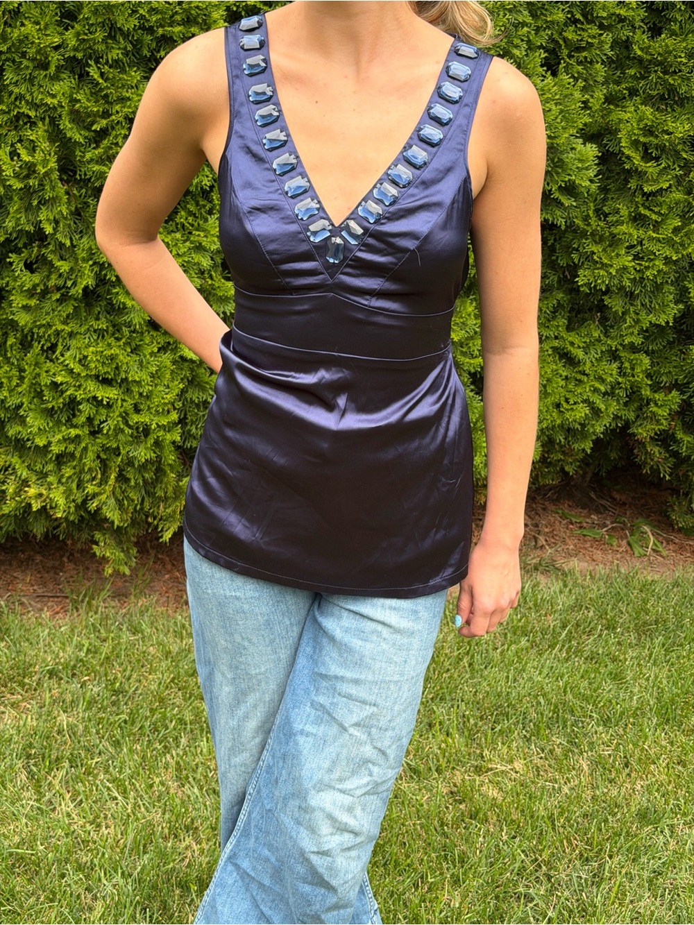 Vintage Dynamite Sleeveless V-Neck Embellished Satin Top - Navy